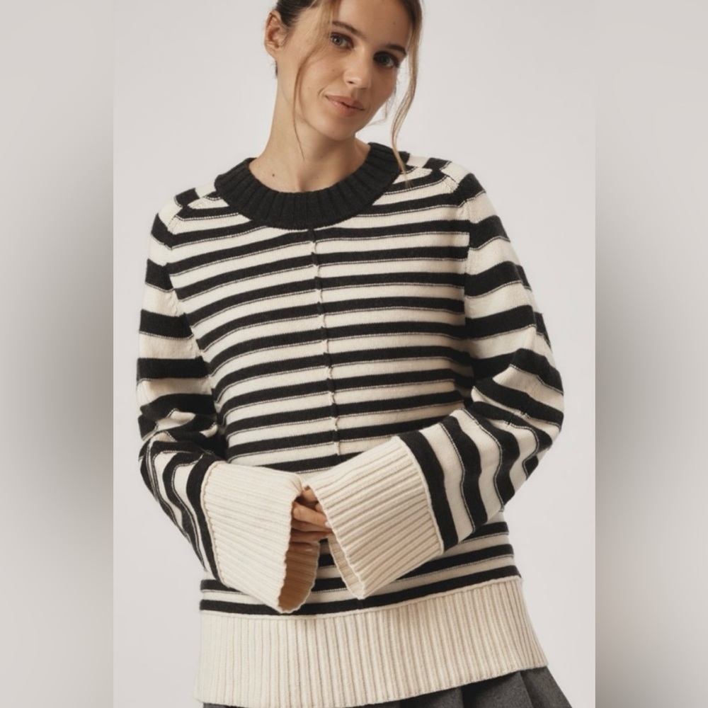 Maeve Black and White Striped Crew Neck Sweater